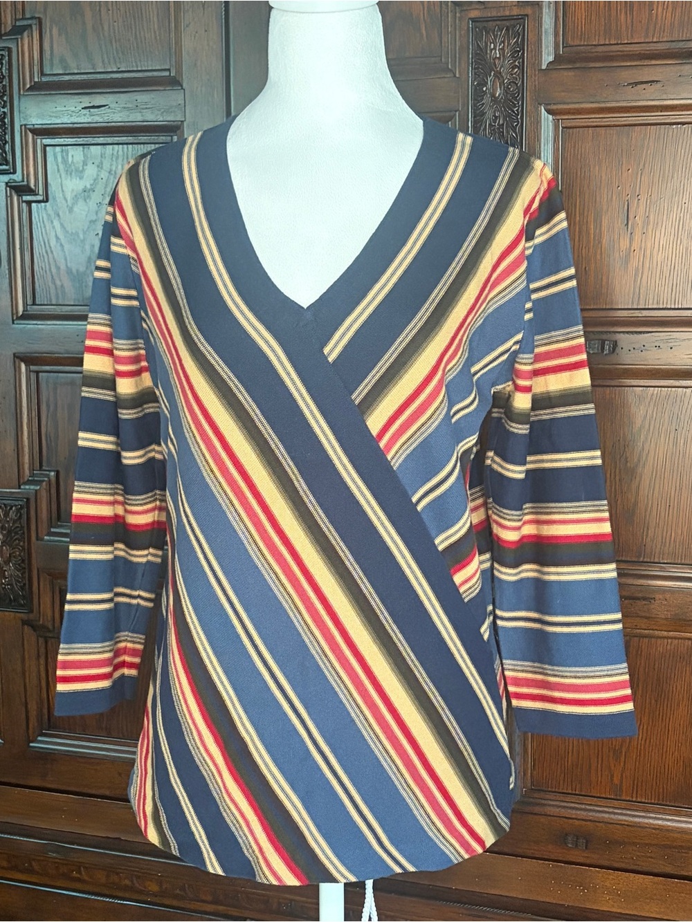 Chaps Striped V-Neck Wrap-Style Tunic in Navy, Red and Cream size XL